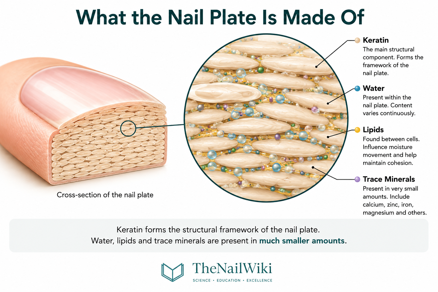 Educational infographic illustrating the main components of the nail plate, including keratin, water, lipids and trace minerals