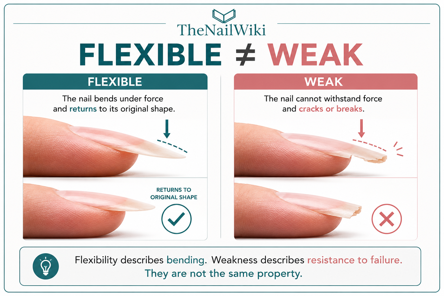 Educational comparison showing the difference between a flexible nail that bends and returns to its original shape and a weak nail that cracks or breaks under force