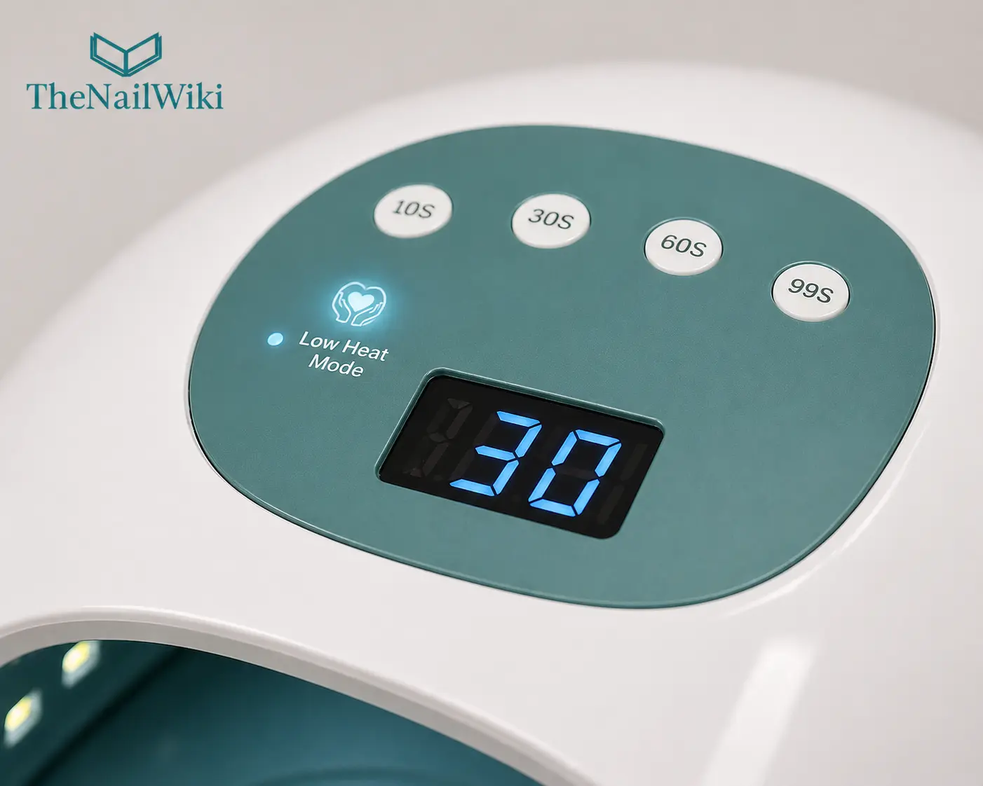 Close-up of a professional nail lamp control panel showing the low heat or gentle cure mode button
