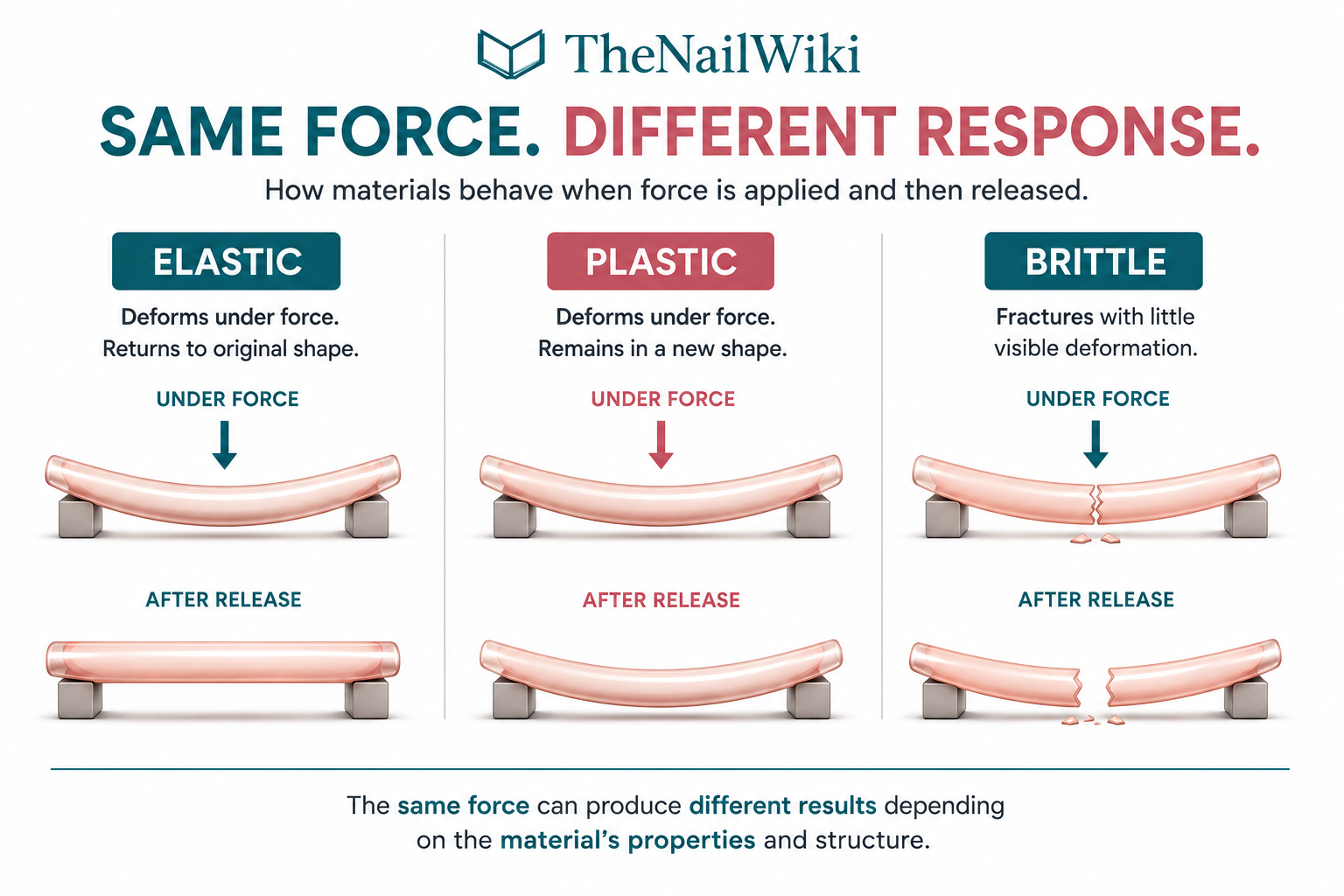 Elastic, plastic and brittle material behaviour under force and after release