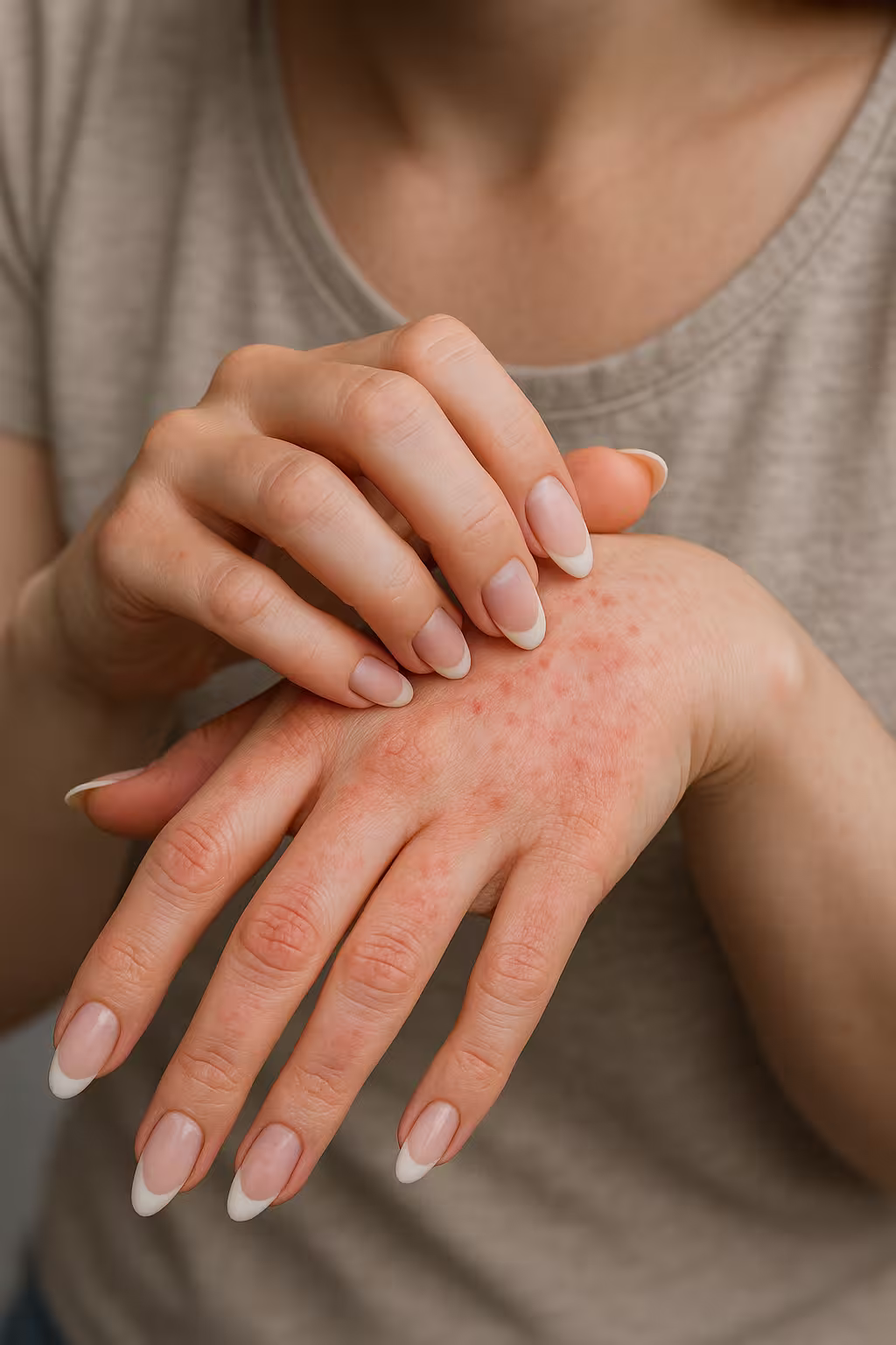 Nail allergy reaction showing redness and irritation around nail enhancement