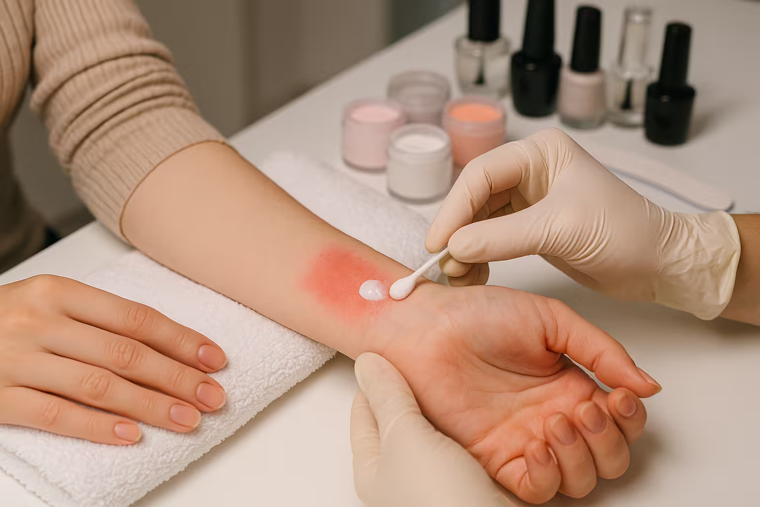 A professional nail patch test being carried out as part of a salon consultation