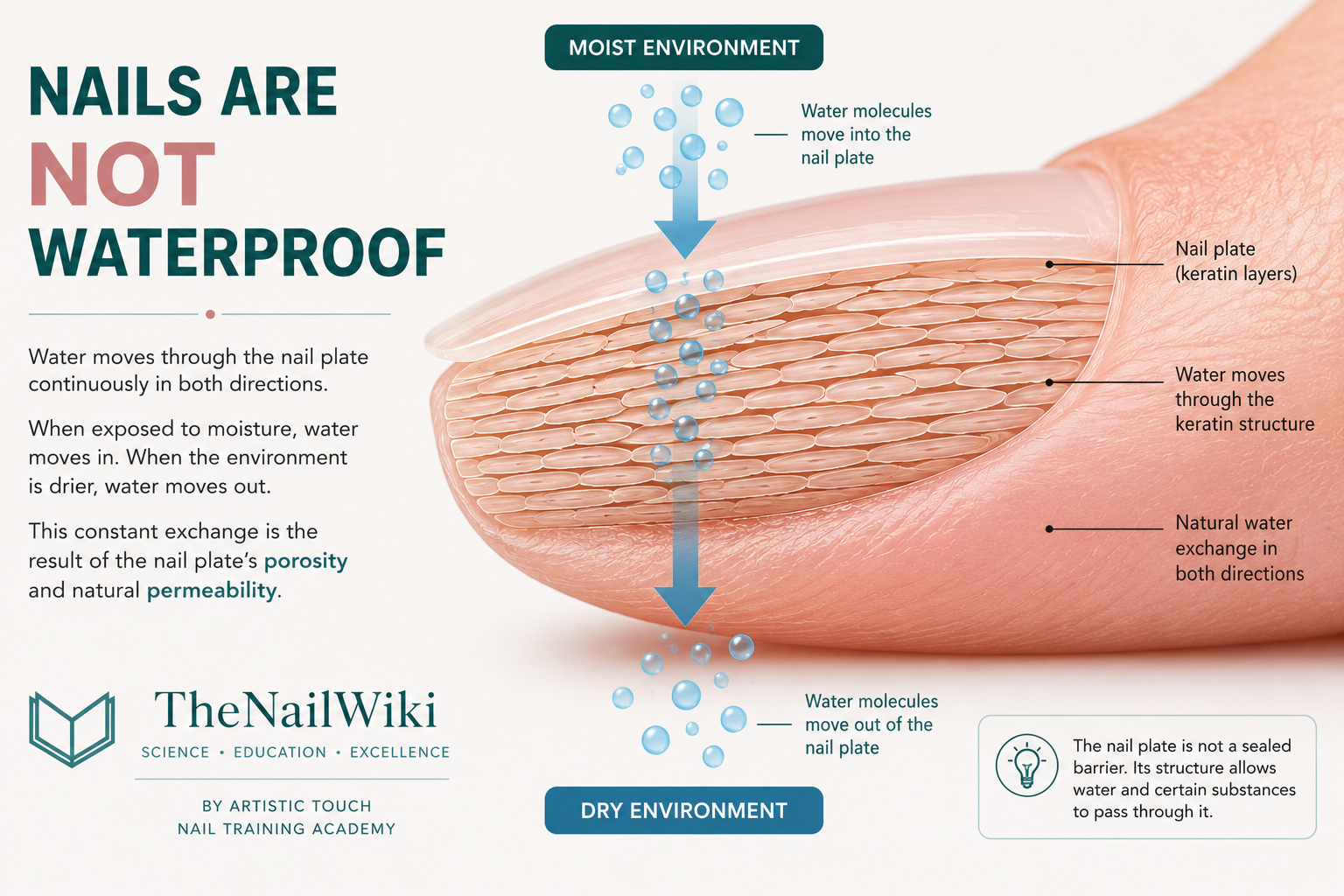 Educational infographic showing water molecules moving into and out of the nail plate through its keratin structure in moist and dry environments
