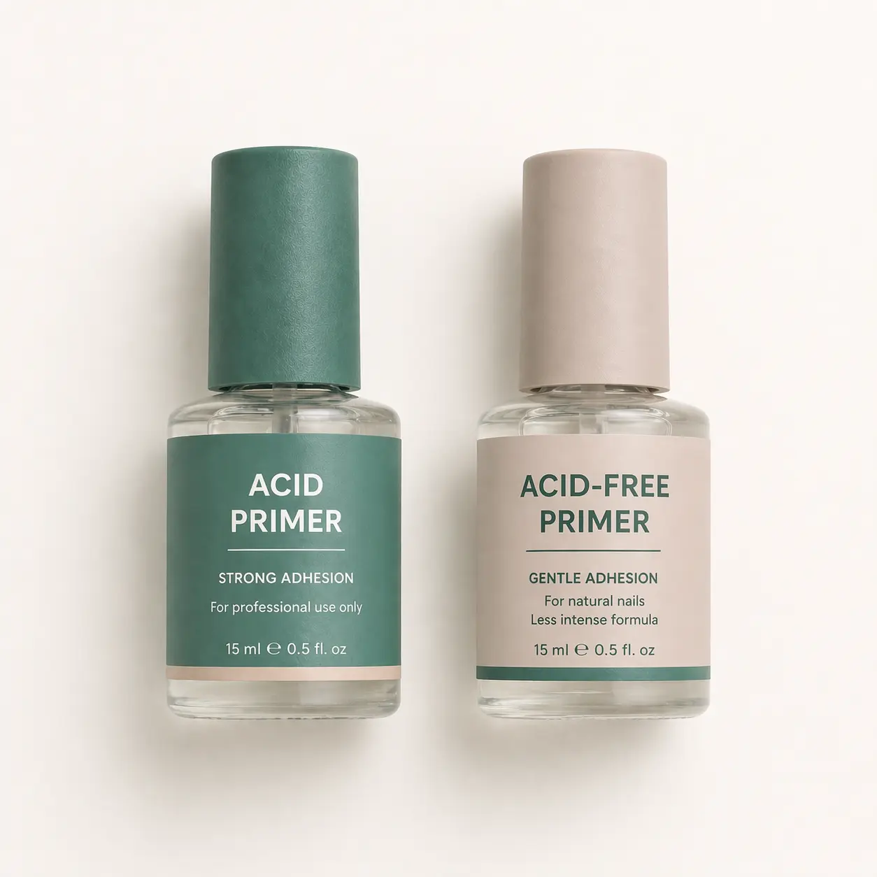 Two nail primer bottles side by side — acid primer on the left and acid-free primer on the right, showing the two main types used in professional nail services