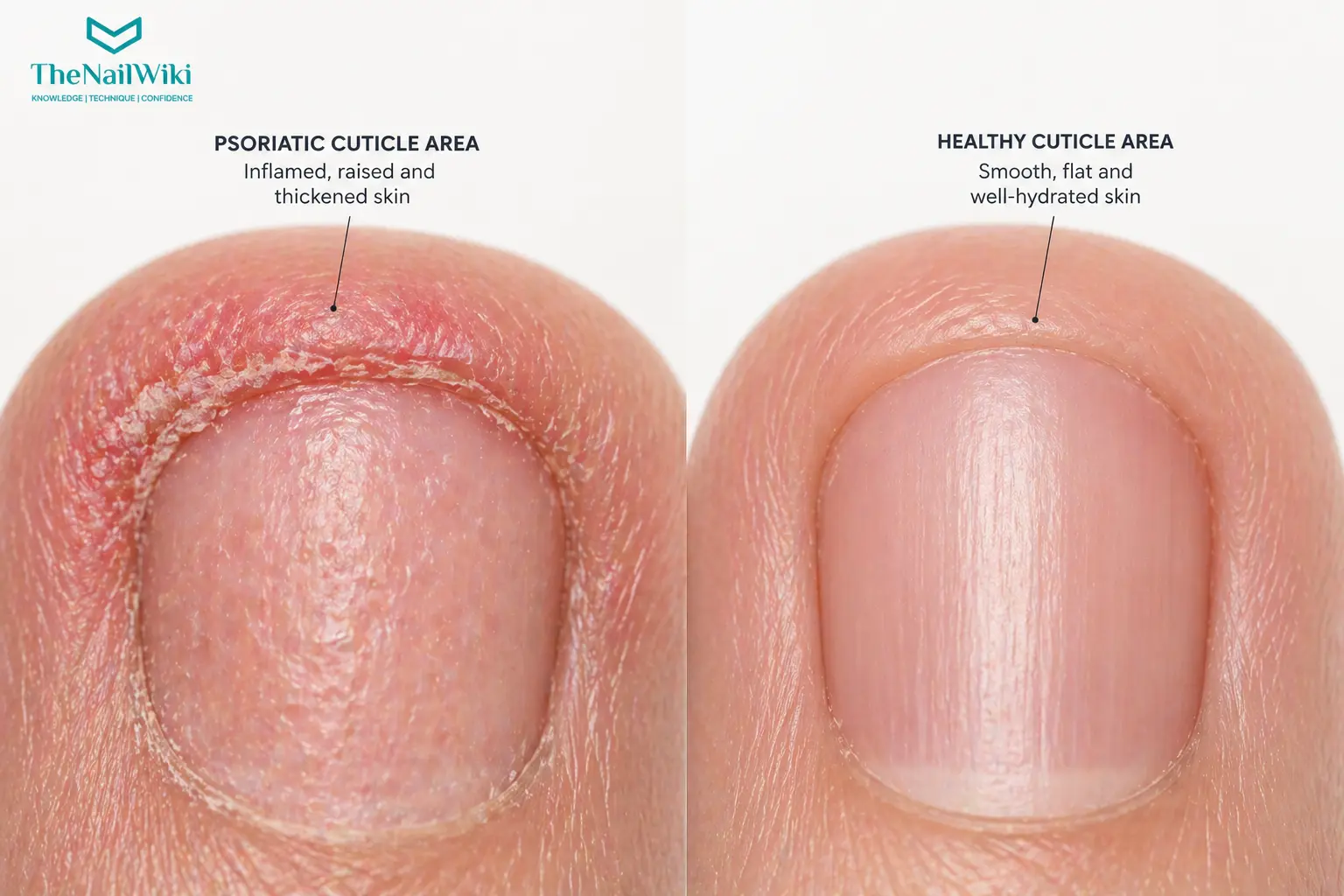 Close-up of inflamed cuticle area in nail psoriasis — thickened, sensitive skin at the proximal nail fold prone to bleeding during nail services