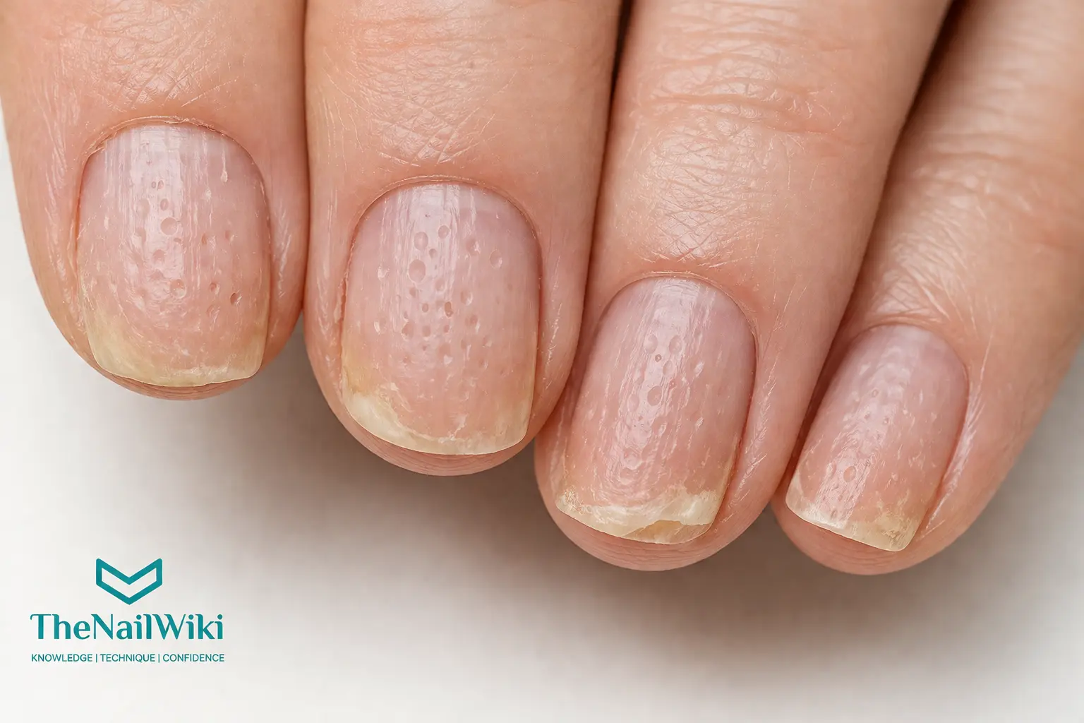 Close-up of nail psoriasis showing nail pitting, small surface depressions across the plate, discolouration, and early onycholysis at the free edge