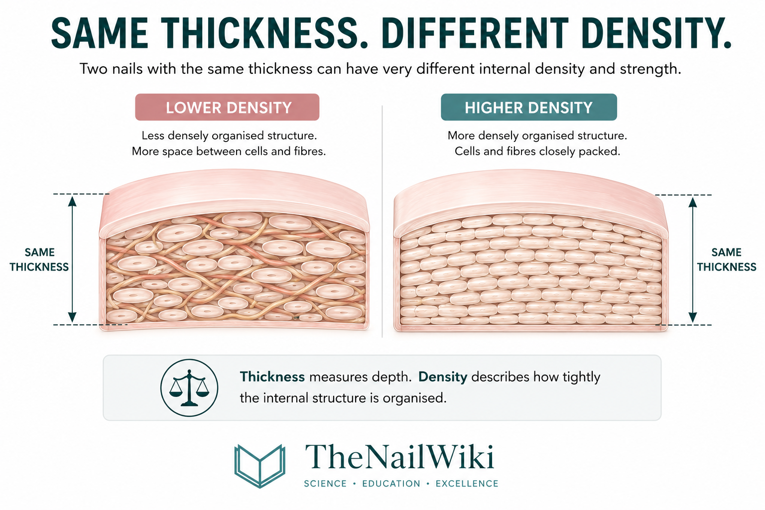 Educational infographic comparing two nail plate cross-sections of equal thickness but different internal density and organisation