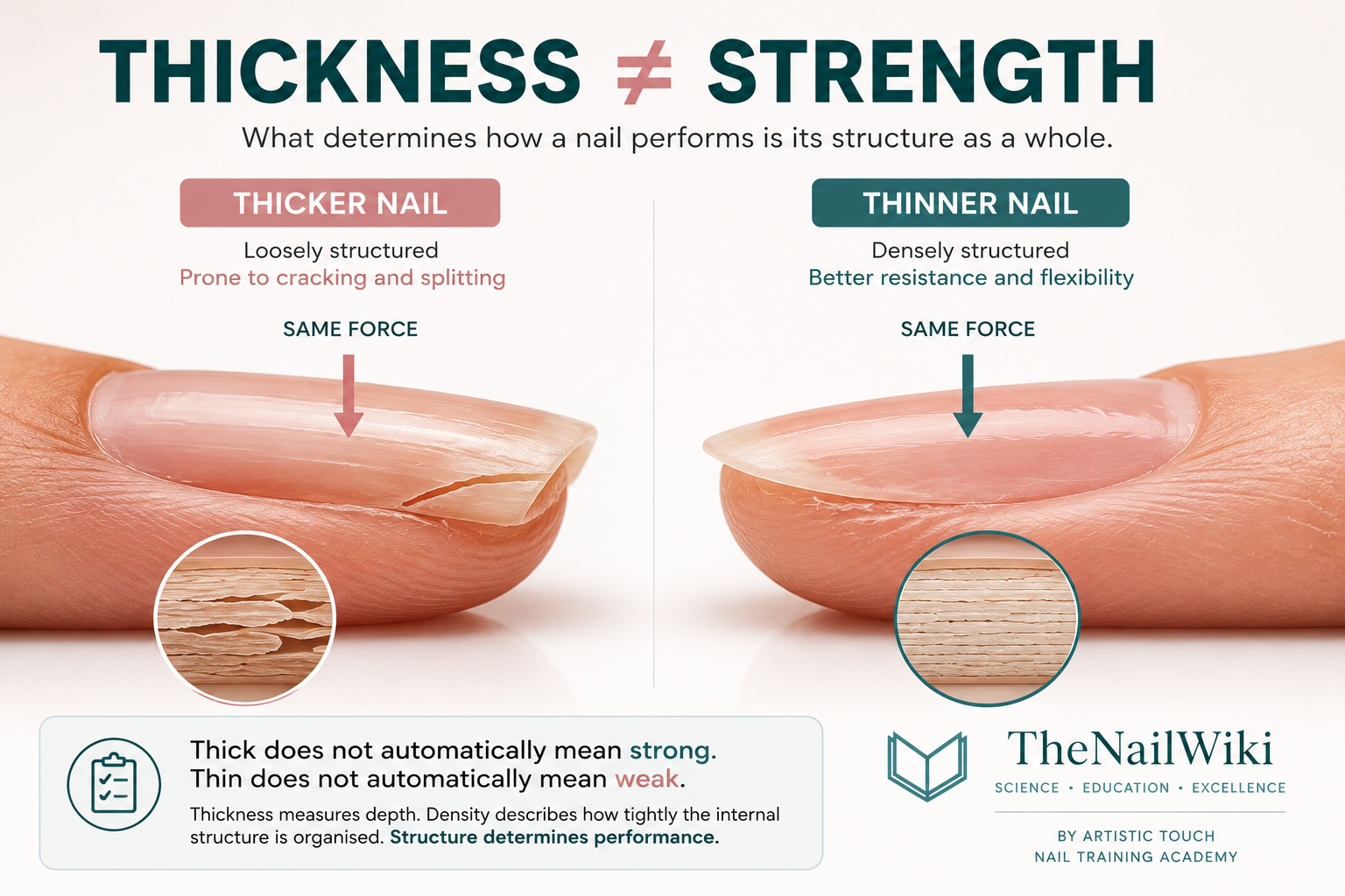 Educational infographic comparing a thicker nail that fractures with a thinner nail that remains intact under the same force