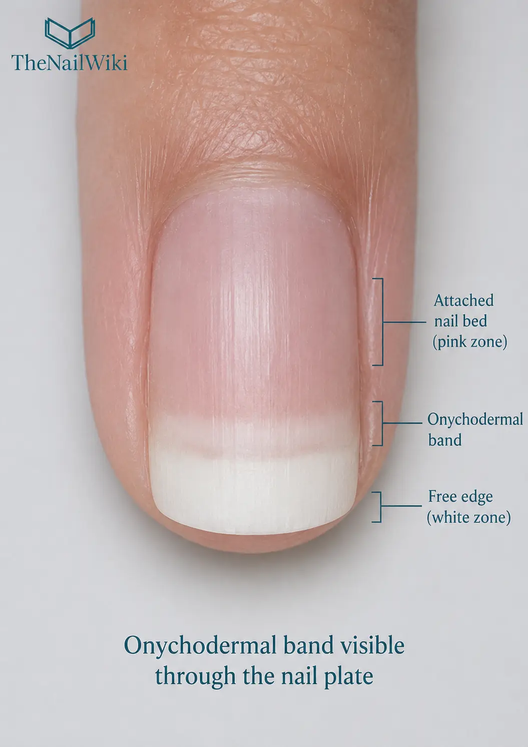 Close-up of a natural nail showing the onychodermal band — the faint pale transverse band at the distal nail bed between the pink nail bed zone and the white free edge