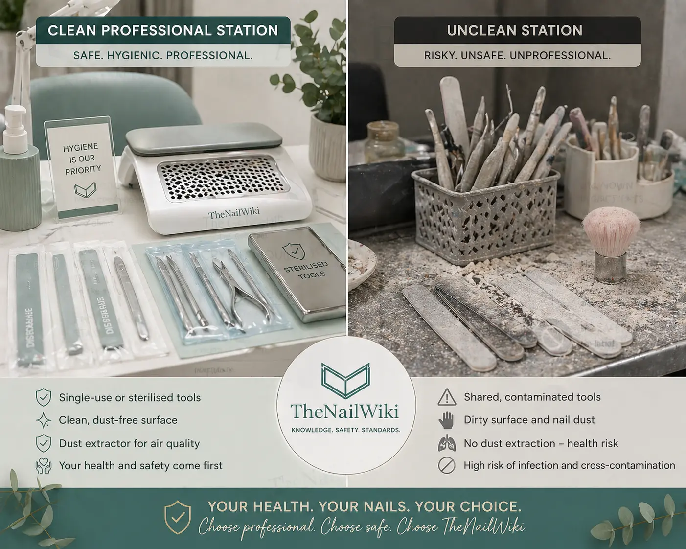 Side-by-side comparison of a clean professional nail workstation and an unclean non-standard workstation showing the hygiene differences clients should look for