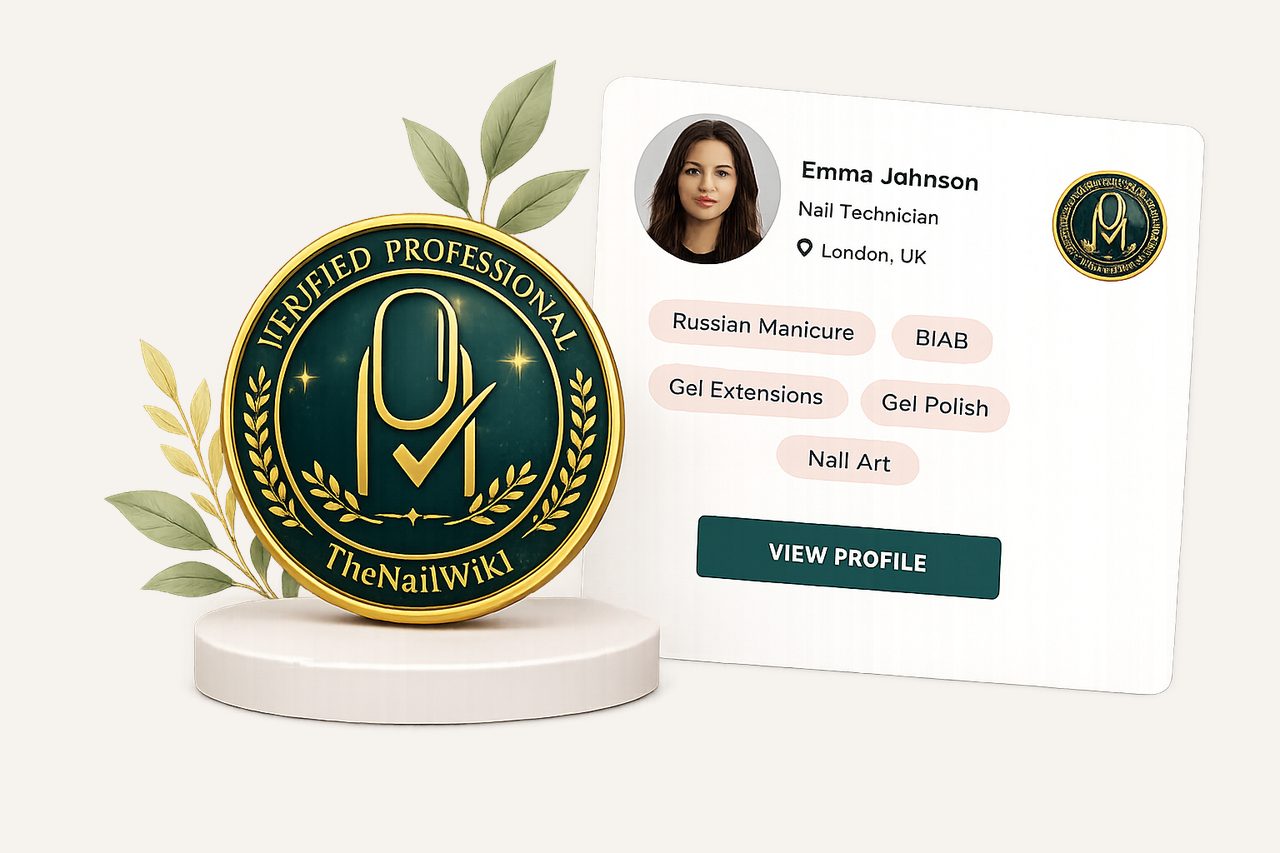 TheNailWiki Verified Professional gold medal beside a sample verified nail technician profile card