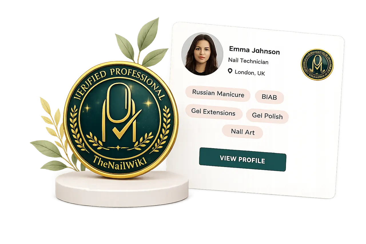 TheNailWiki Verified Professional gold medal beside a sample verified professional profile