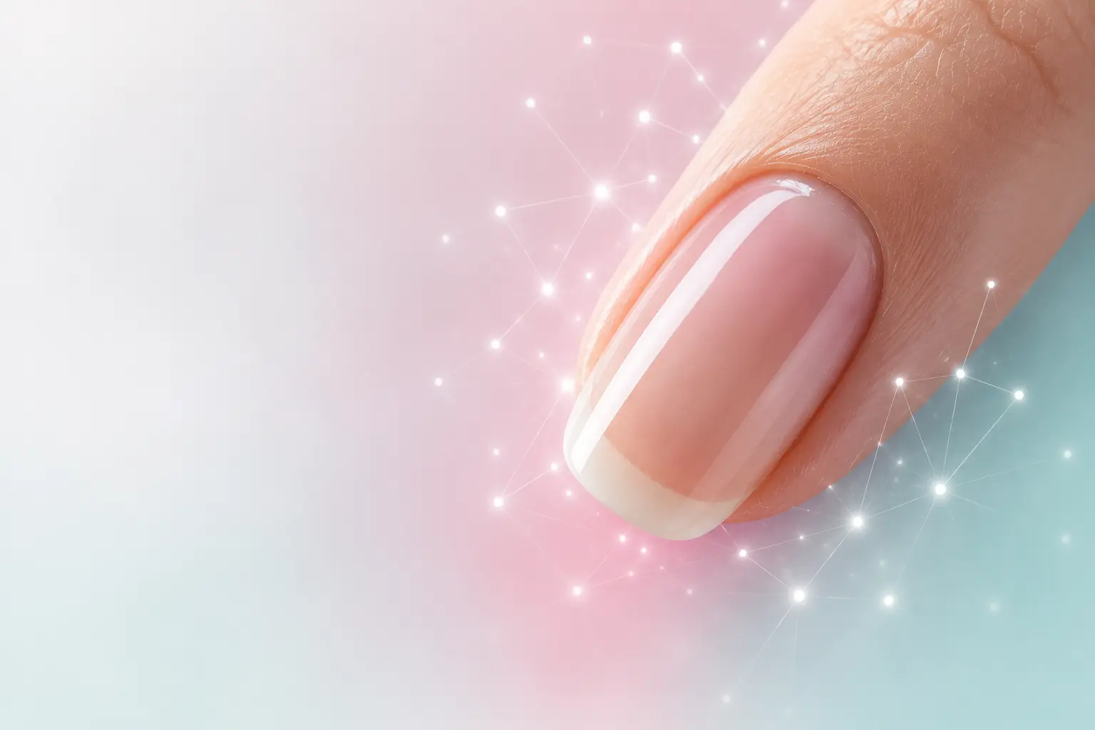 Close-up of a healthy natural nail on a soft pink and teal background