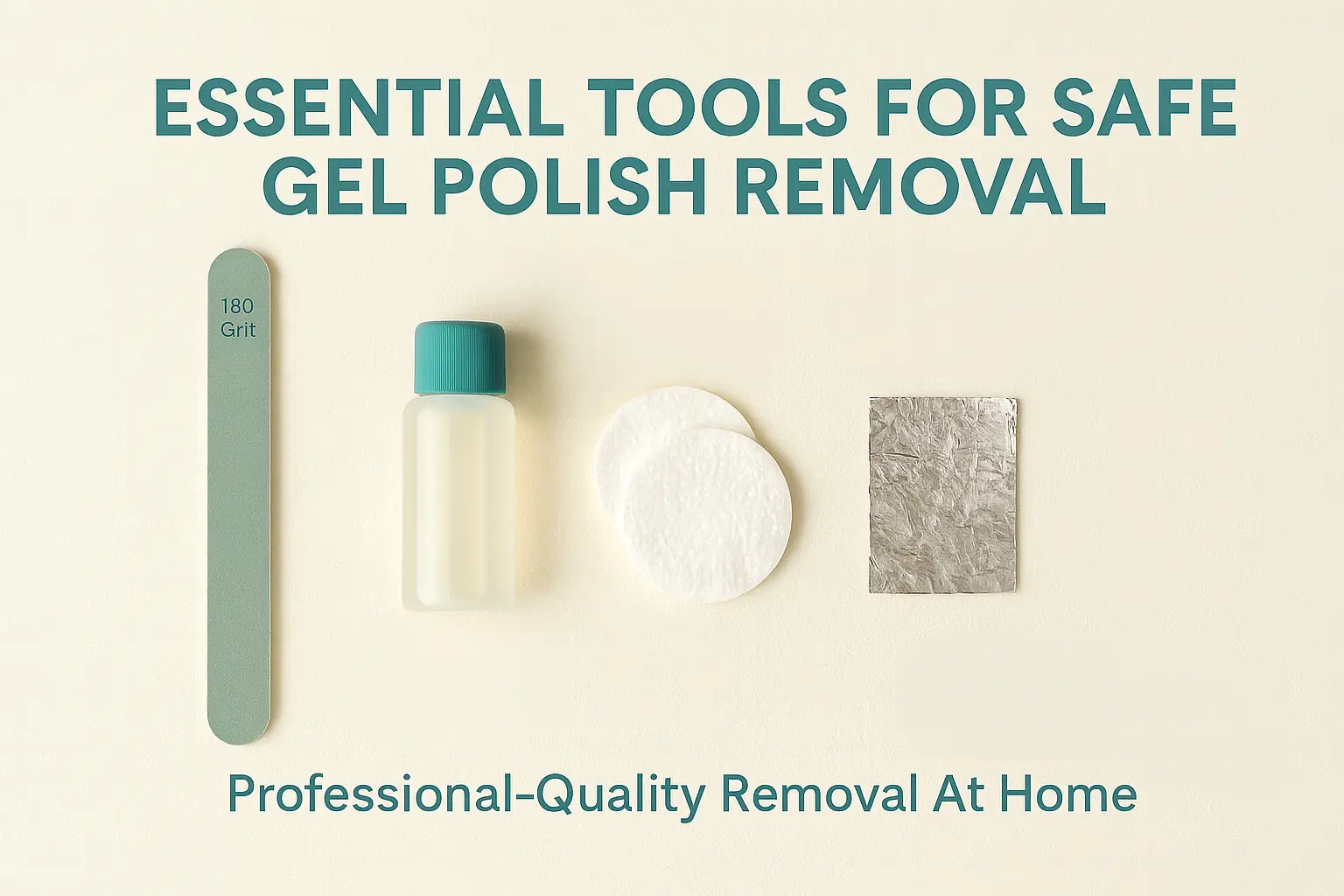 Essential tools for safe gel polish removal at home including 180-grit manual nail file, pure acetone, cotton pads, aluminium foil wraps, orange wood stick, and cuticle oil