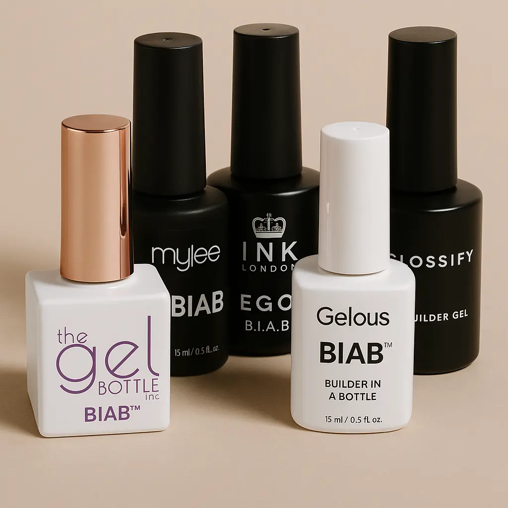 Collection of BIAB builder in a bottle products from multiple professional nail brands showing various shades and formulations for nail technicians