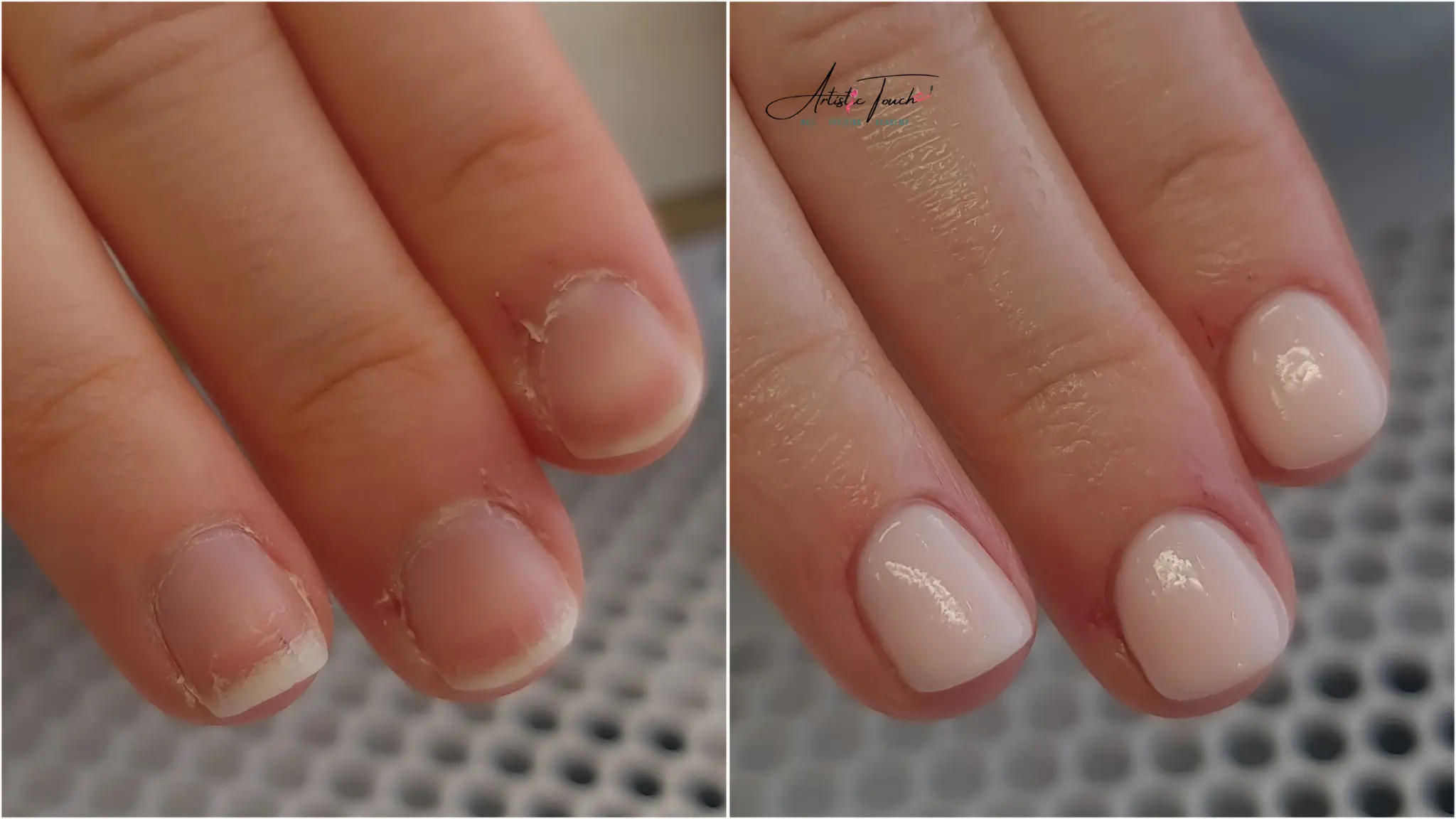 Professional before and after comparison showing natural unenhanced nails versus nails with BIAB builder gel overlay featuring structured apex and improved appearance