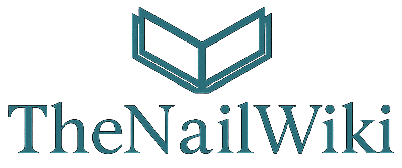TheNailWiki logo featuring an abstract open-book W in teal on a transparent background.