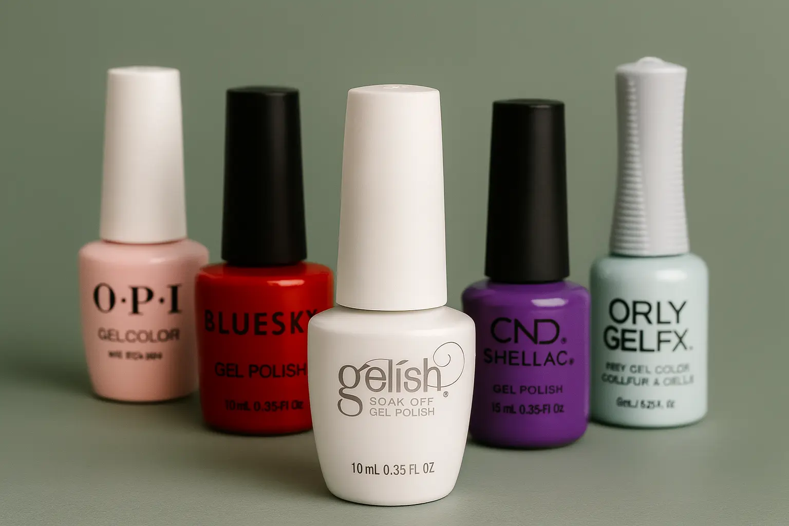 Collection of professional gel polish bottles in various colors from multiple brands