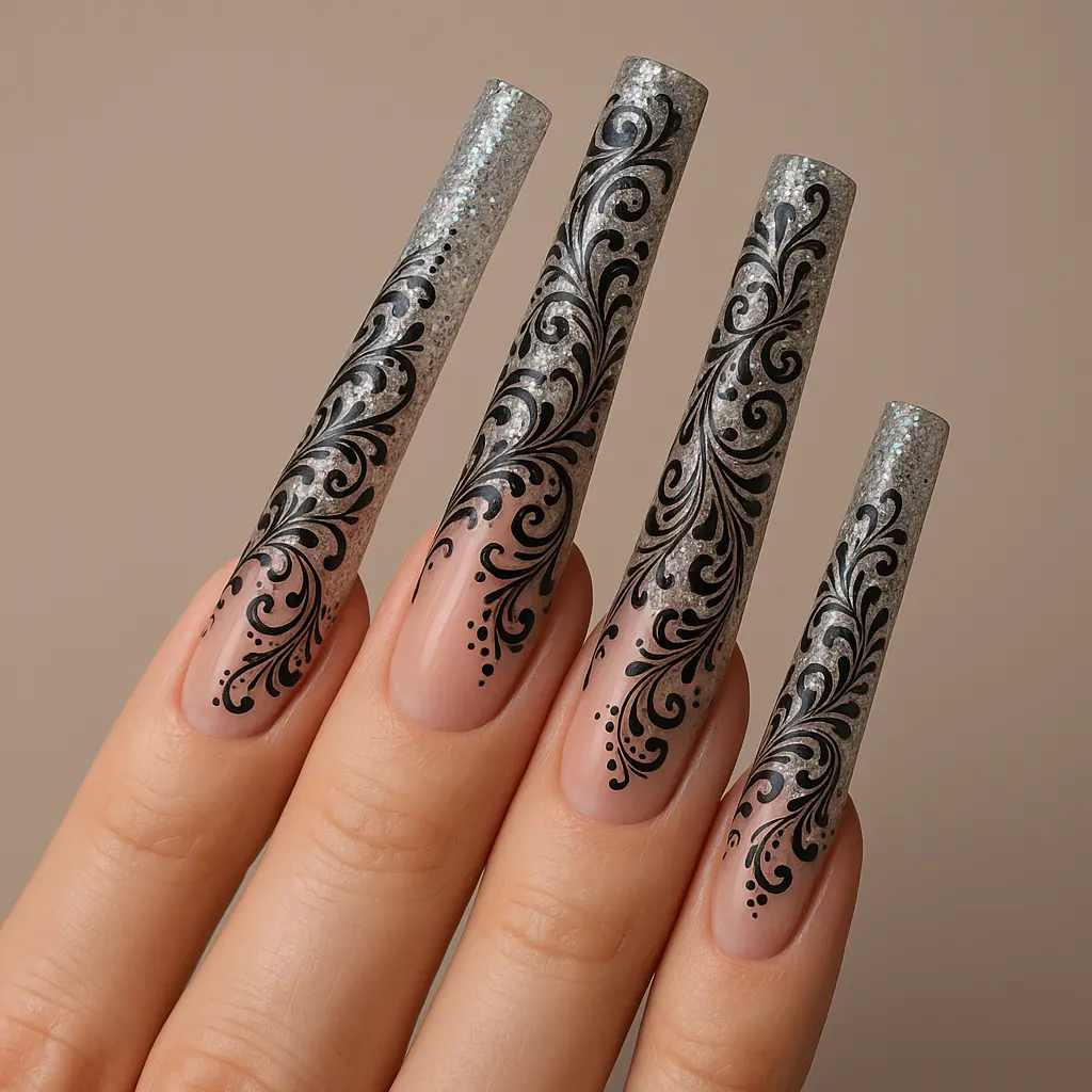 Hard gel nail extensions demonstrating extreme length and structural integrity with detailed nail art