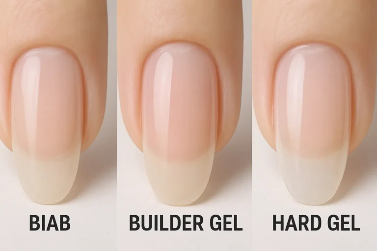 Side by side comparison of BIAB, builder gel, and hard gel application on natural nails showing structure and finish differences