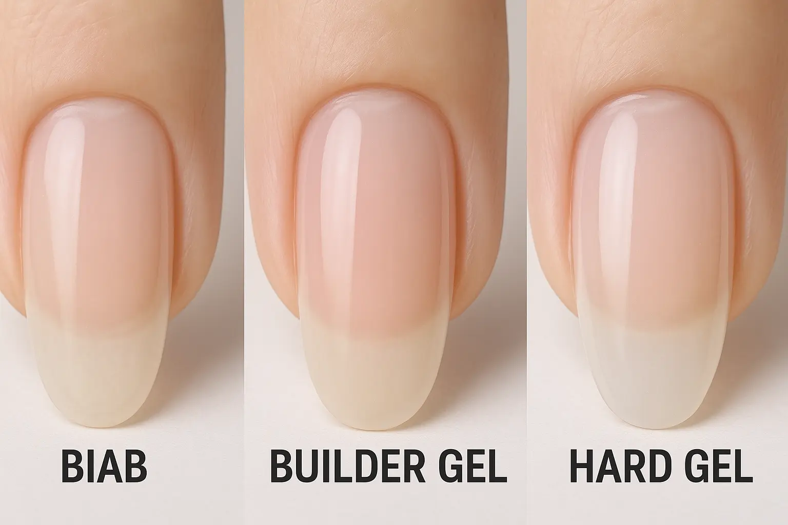 Side by side comparison of BIAB, builder gel, and hard gel application on natural nails showing structure and finish differences