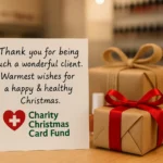 Nail technician writing personalised Christmas card for salon client with professional nail polish display and festive decorations in background