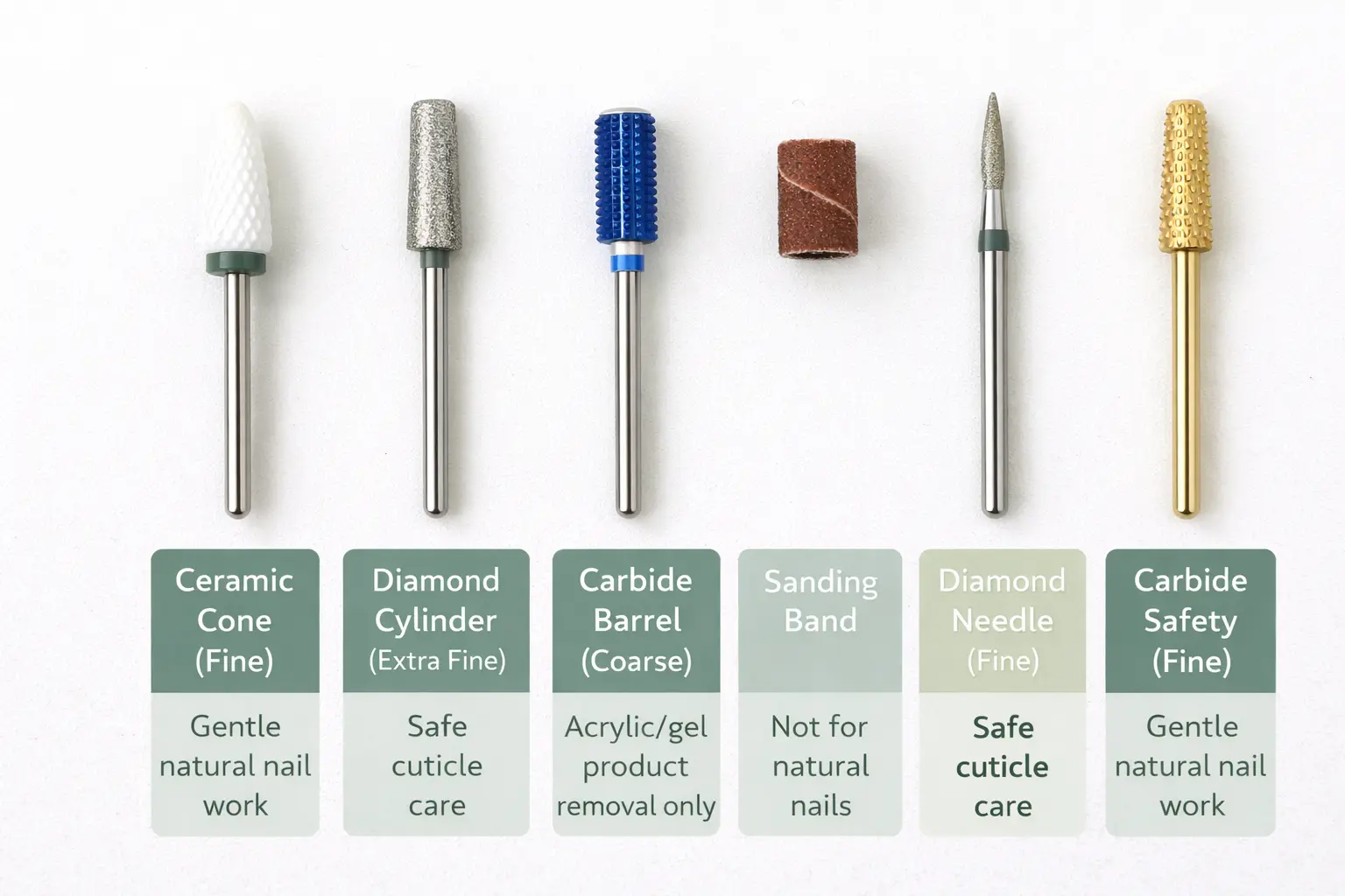 E-file bits comparison showing ceramic, carbide, diamond, and sanding band types with safe use applications