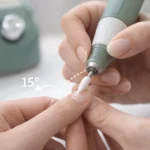 Professional nail technician demonstrating safe e-file technique with proper grip, angle, and speed control