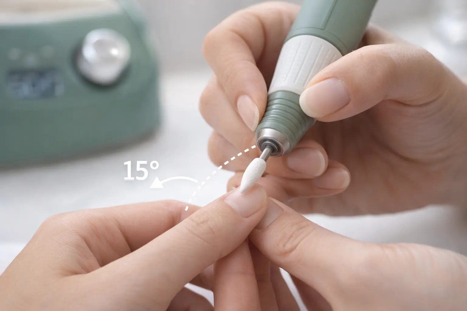 Professional nail technician demonstrating safe e-file technique with proper grip, angle, and speed control