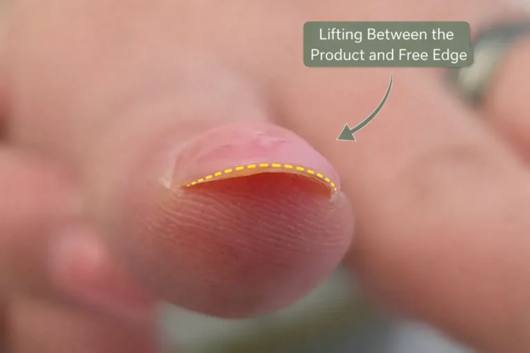 Close up of gel nail lifting showing separation between gel product and natural nail plate with visible gap