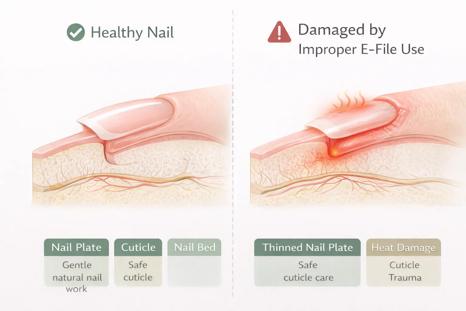 Nail anatomy diagram showing matrix, nail plate, and cuticle zones requiring careful e-file technique