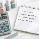 Nail technician calculating service prices with profit margins, product costs, and time investment displayed