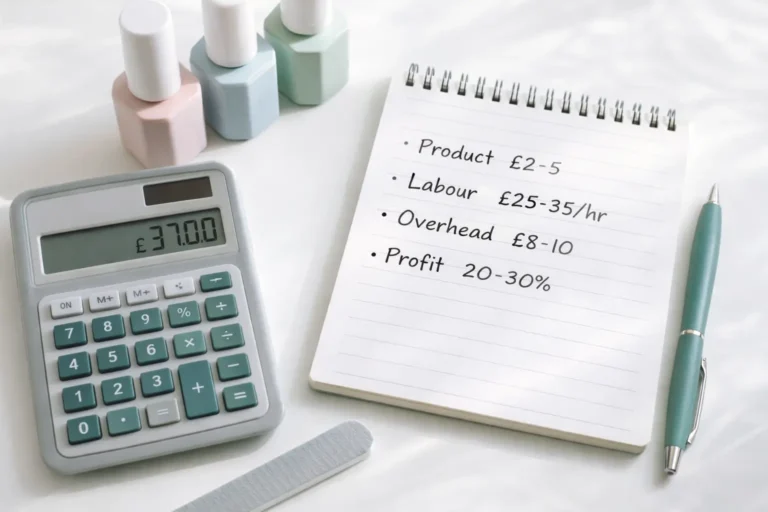 Nail technician calculating service prices with profit margins, product costs, and time investment displayed