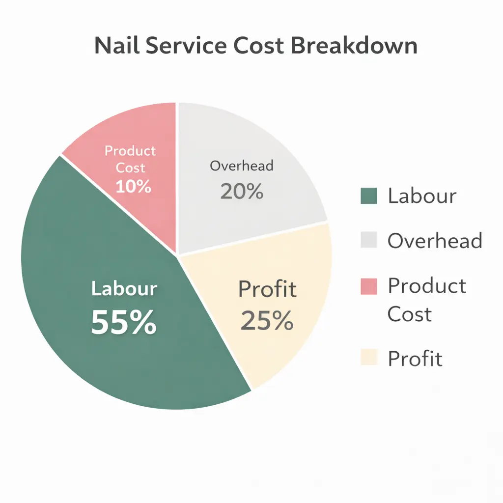 Pie chart showing nail service cost breakdown with labour 55%, overhead 20%, profit 25%, and product costs 10%