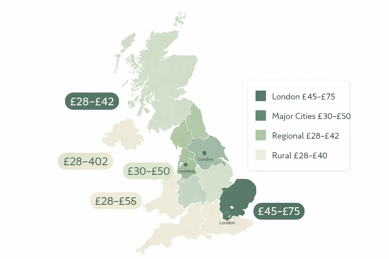 UK map showing regional nail service pricing differences from London at £45-75 to rural areas at £28-40 for gel manicure