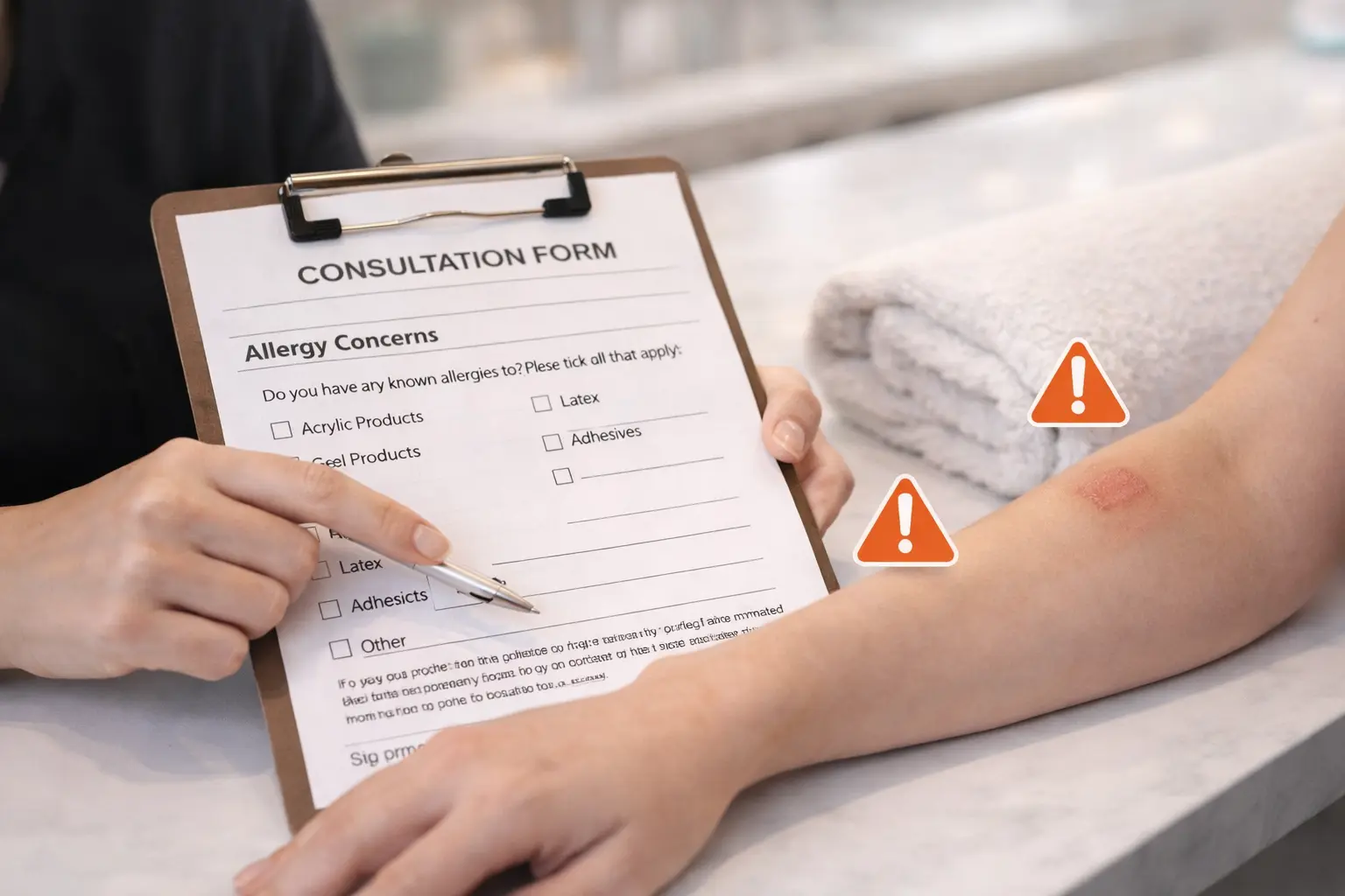 Nail technician reviewing allergy information section with client and demonstrating patch testing for product sensitivity