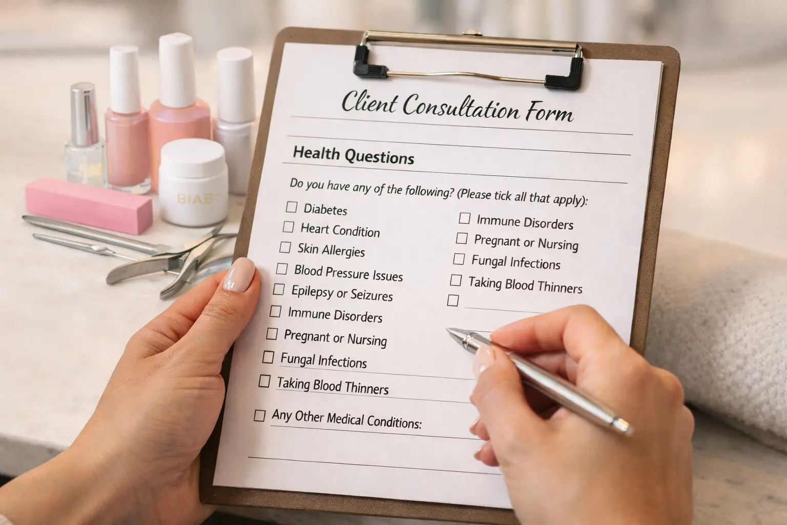 Nail technician holding health questions consultation form emphasizing client safety protocols and medical condition awareness
