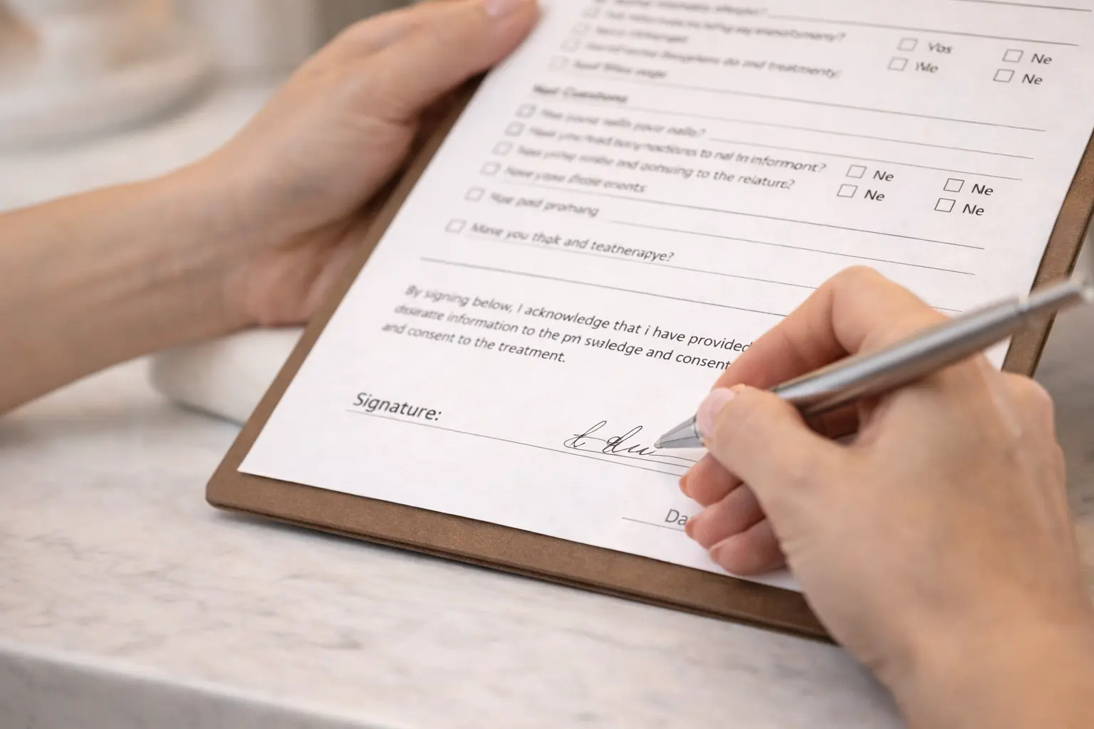 Client signing nail consultation form agreement with nail technician demonstrating informed consent and legal documentation