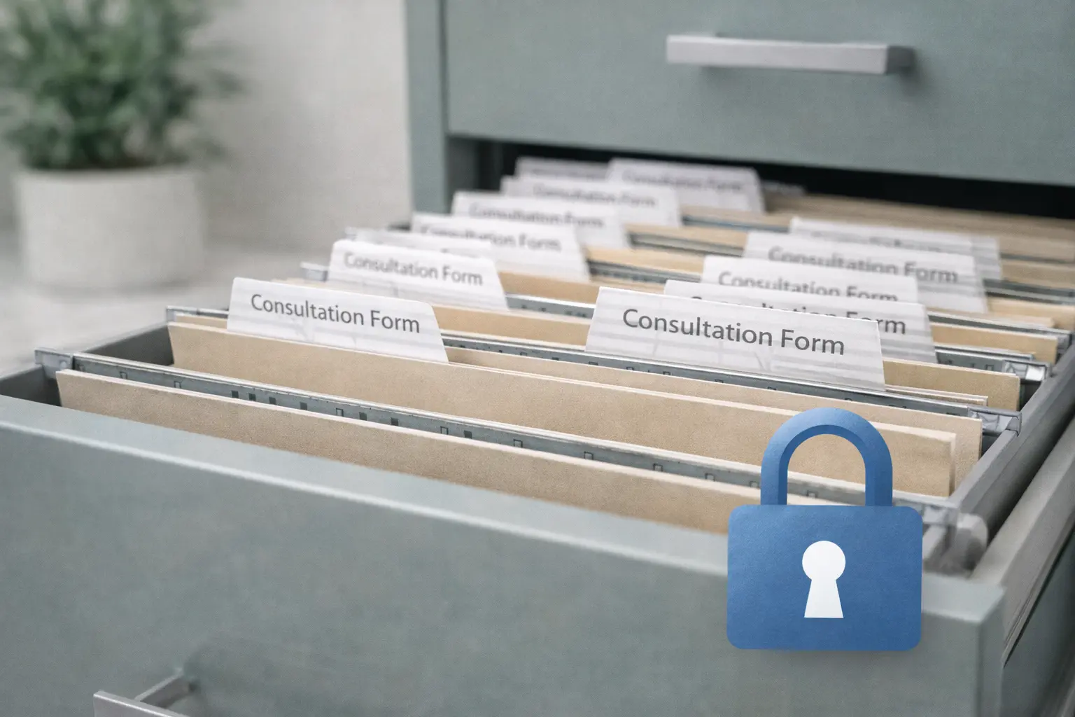 Professional consultation form storage demonstrating GDPR-compliant data protection and secure client information management