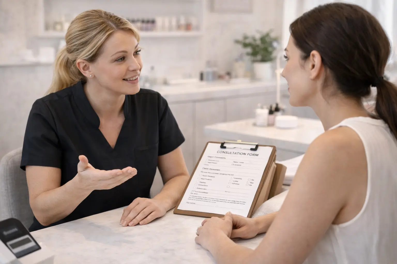 Professional conversation about declining nail service based on health concerns identified in consultation form