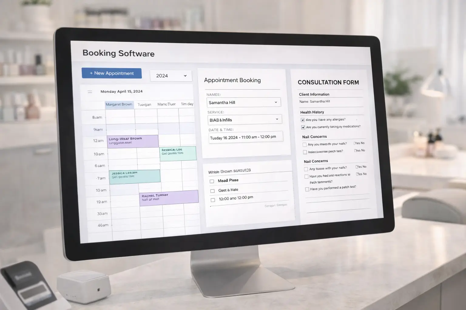 Digital booking system interface showing integrated consultation form feature for automated client health documentation