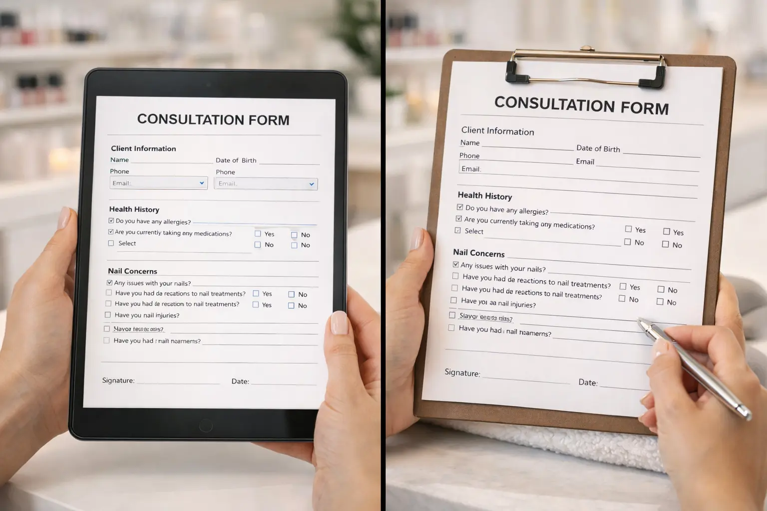 Comparison of digital consultation form on tablet versus printed consultation form on clipboard in professional nail salon