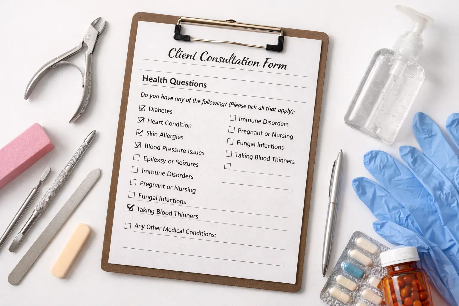 Medical conditions section of nail consultation form with professional safety equipment demonstrating health-conscious nail services