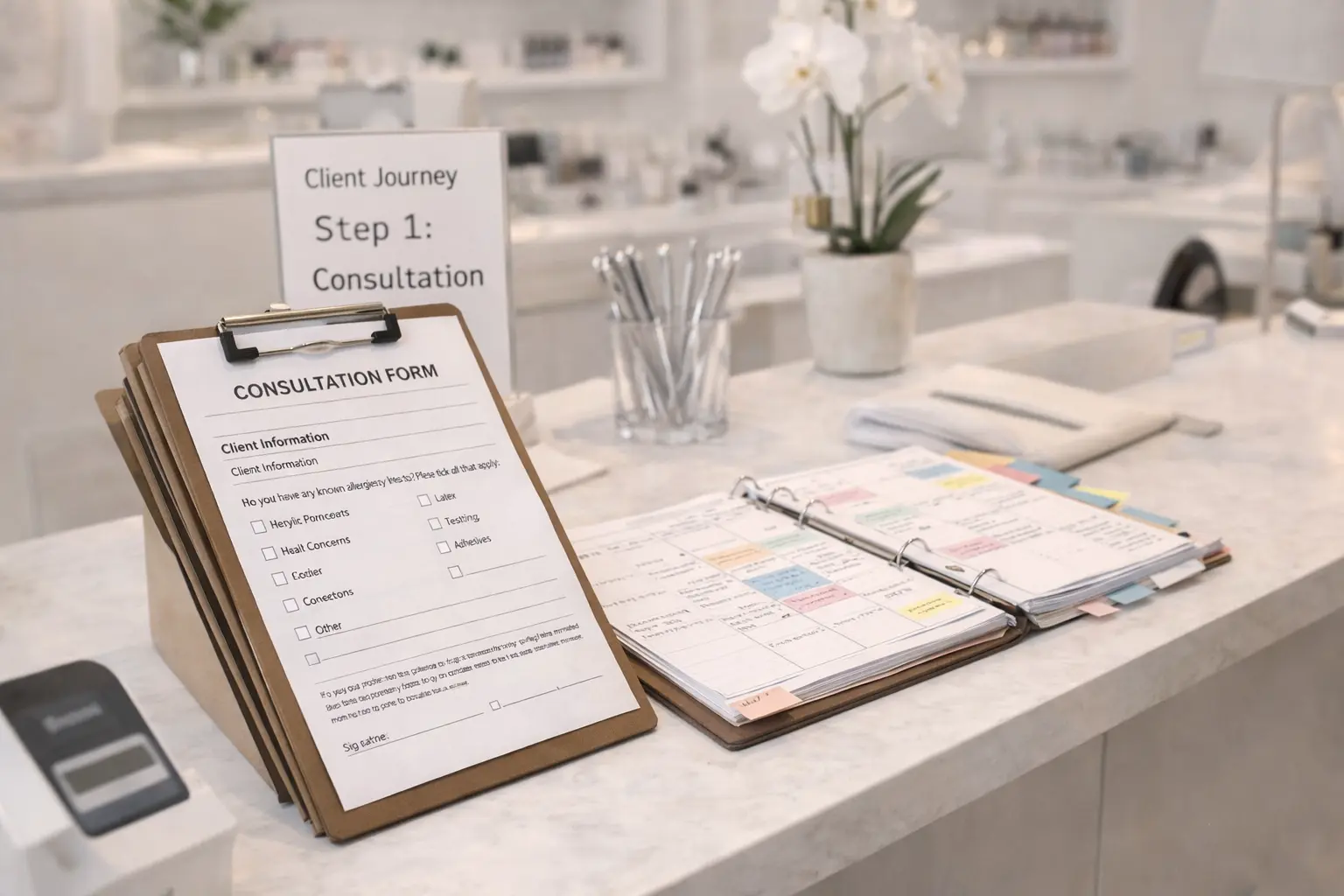 Organized salon reception showing consultation form implementation as first step in professional client workflow