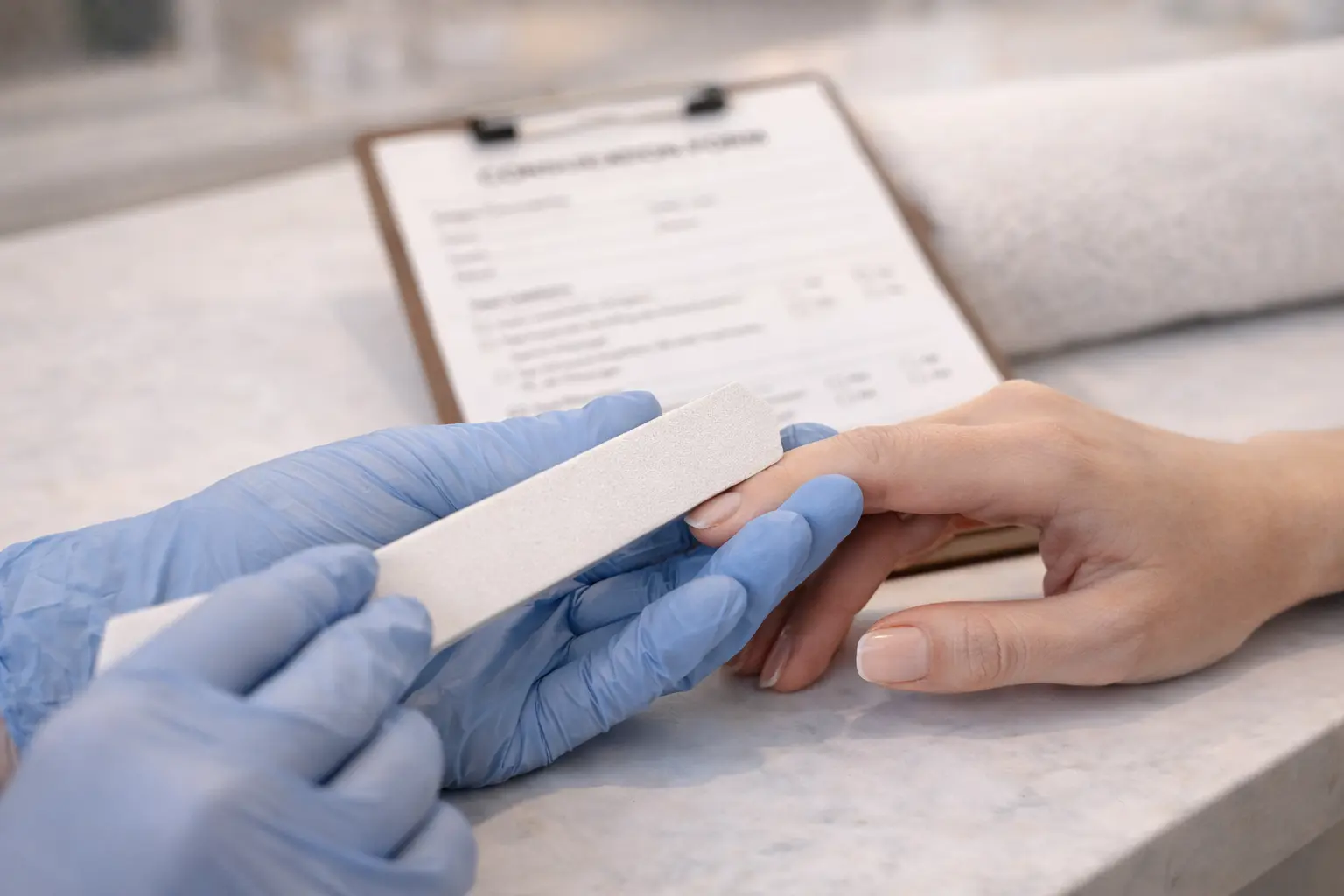 Gentle modified nail service being performed following health consultation demonstrating adapted techniques for client safety