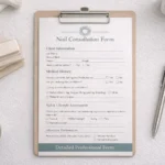Professional nail consultation documentation showing health screening procedures and client intake protocols