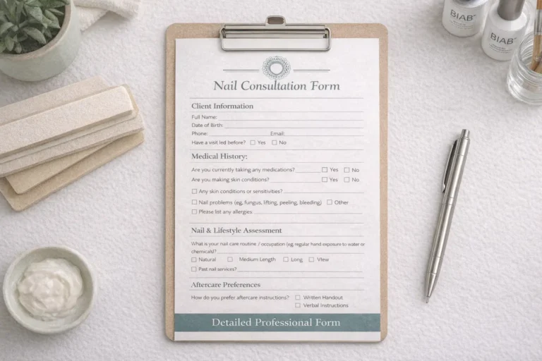 Professional nail consultation documentation showing health screening procedures and client intake protocols