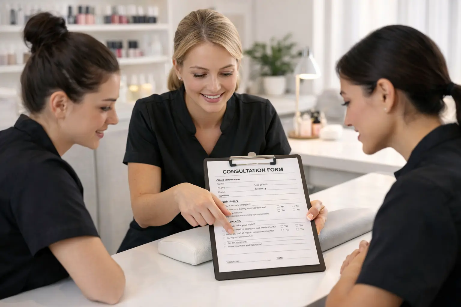 Salon owner training staff members on proper consultation form procedures and client safety protocols