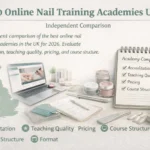 Educational comparison of top online nail training academies in the UK showing course materials, certification types, and teaching methodologies for professional nail technicians