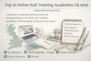 Educational comparison of top online nail training academies in the UK showing course materials, certification types, and teaching methodologies for professional nail technicians